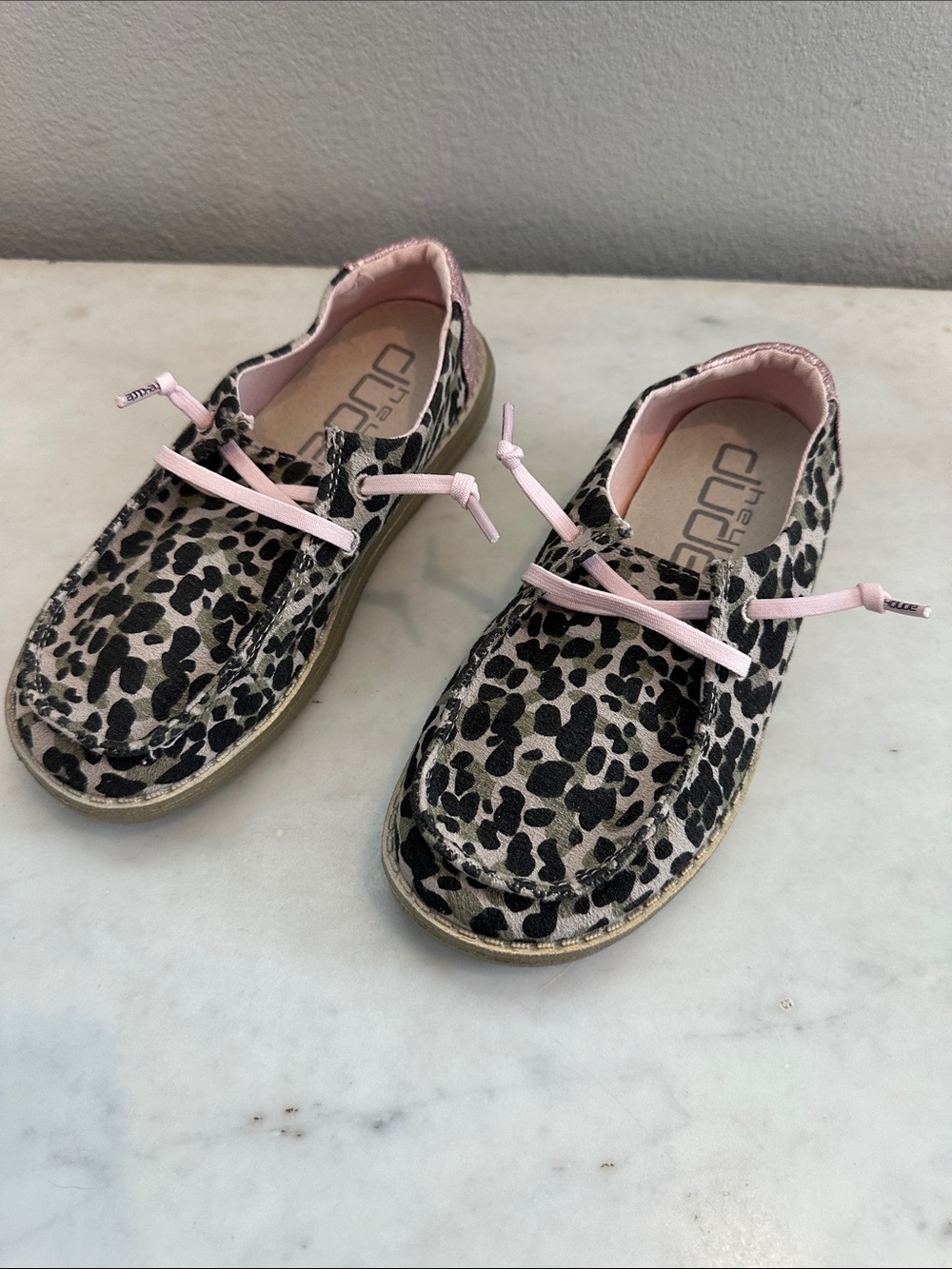 Hey Dude Kids Leopard Print Slip-On Moccasins with Pink Trim